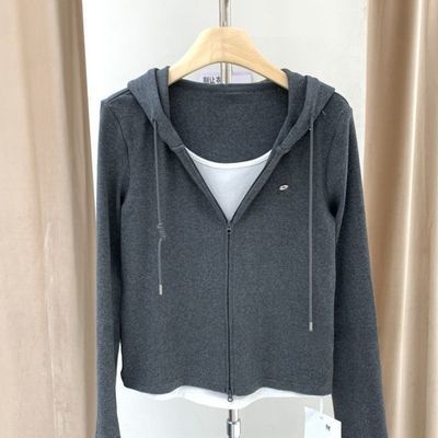 潮流韩式假两件连帽卫衣女秋经典拉链修身显瘦上衣假两件上衣女【4天内发货】