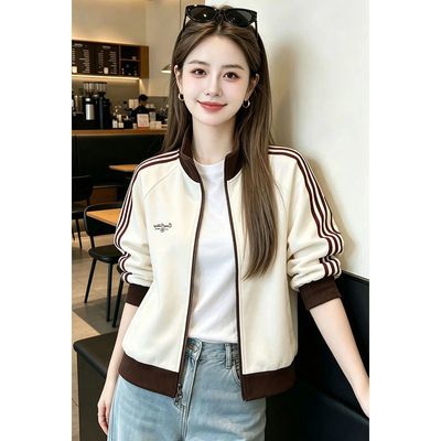 美式复古撞色拼条立领开衫短外套女2026秋冬新款爆款百搭休闲卫衣【10天内发货】