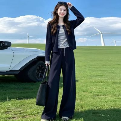 春秋新款韩系简约假两件上衣开衫直筒裤两件套宽松显瘦时尚套装女