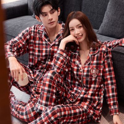 新款春秋季卡通格子情侣睡衣德绒男女士薄绒保暖可外穿家居服套装