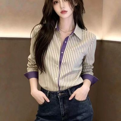 条纹衬衫女春秋新款韩版宽松长袖显瘦设计感衬衣百搭上衣