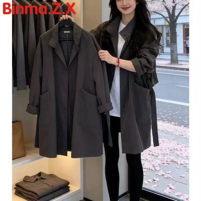 时尚复古中长款大衣女2026秋季新款洋气质宽松设计感系带休闲外套