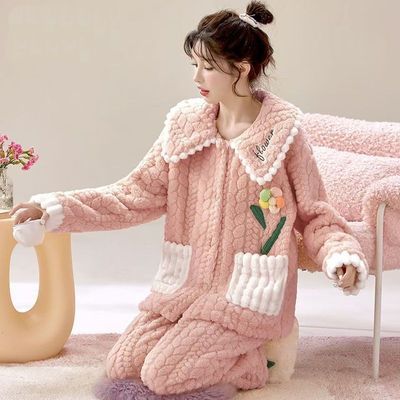 女生青少年卡通甜美拉链款秋冬季加绒加厚睡衣可外穿家居服套装