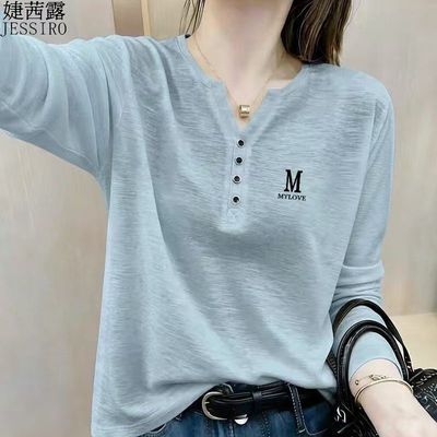 洋气减龄时尚V领长袖T恤女春秋季字母印花宽松显瘦遮肉百搭上衣服