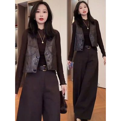 时尚套装女2026秋季新款韩系洋气皮马甲长袖打底衫阔腿裤三件套潮【30天内发货】