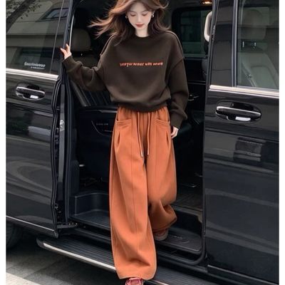 复古美式街头风两件套装女秋冬新款美拉德长袖印花卫衣+阔腿长裤【10天内发货】