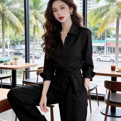 高级感黑色衬衫阔腿裤穿搭两件套女春秋通勤气质高腰系带时尚套装