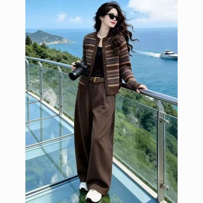 温柔风时尚休闲套装女2026早秋新款条纹针织开衫显瘦针织上衣
