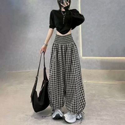 韩系黑白格子高腰打揽灯笼裤女夏宽松大摆阔腿裤慵懒休闲长裤【15天内发货】