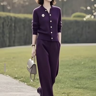2026时尚毛衣上衣优雅套装高级新款松紧开衫裤子两件套