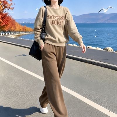 大码休闲运动套装女秋冬新款时尚圆领舒适卫衣+松紧腰裤子两件套