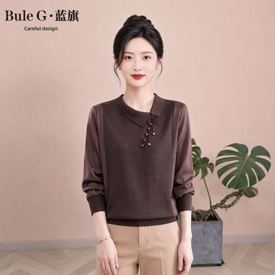 【蓝旗】中年妈妈气质上衣春秋新款拼接衬衫大码遮肚子打底小衫洋气