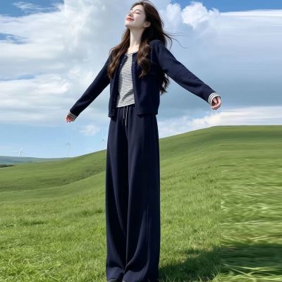 时尚休闲套装女2026秋季新款洋气假两件开衫外套阔腿裤显瘦两件套