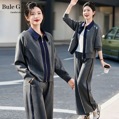 【蓝旗】妈妈春秋运动套装翻领拉链两件套中老年女装洋气宽松休闲装