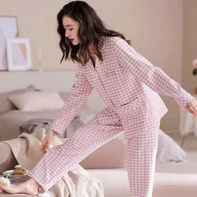 100%纯棉睡衣春秋款2025新款格子中年妈妈女士开衫长袖家居服套装