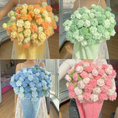 手工渐变玫瑰花束毯子编织diy材料包尖角玫瑰花毯披肩花束毯礼物