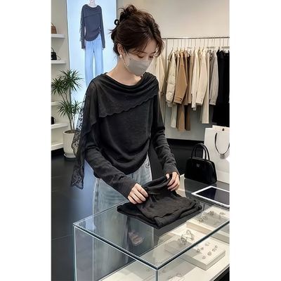Lababite蕾丝披肩小衫灰色正肩长袖T恤女2026秋新款时尚微胖上衣