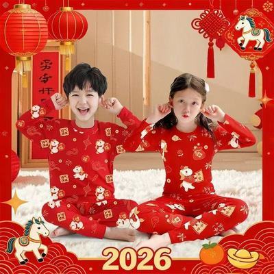 2026新年儿童红色卡通睡衣亲子装舒适保暖节日家居服秋衣秋裤睡衣