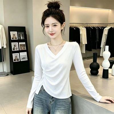 不规则下摆V领长袖打底衫秋冬修身褶皱显瘦T恤小众设计感内搭上衣