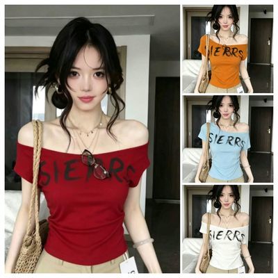 美式辣妹纯欲风 字母印花一字肩短袖T恤女修身显瘦百搭上衣