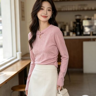 热风 藕粉色新中式盘扣长袖T恤女 早秋修身显瘦国风打底衫
