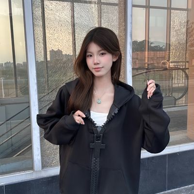 宽松美式十字架大拉链网红款小众高级遮肉情侣百搭休个性设计款