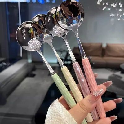 【4条装】家用不锈钢圆勺创意彩色柄主餐勺少女心家用调羹勺子