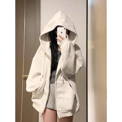 白灰色连帽拉链卫衣开衫女秋冬款oversize宽松美式高街慵懒风外套