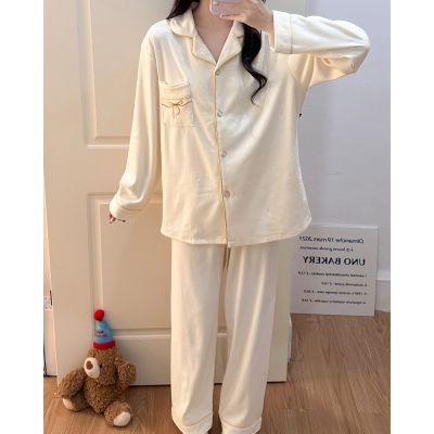 德绒睡衣女秋冬季长袖长裤2026新款杏色蝴蝶结保暖开衫家居服套装