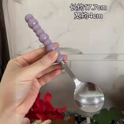 圆勺调羹陶瓷手柄家用西餐餐勺高颜值少女心四色珍珠不锈钢勺子