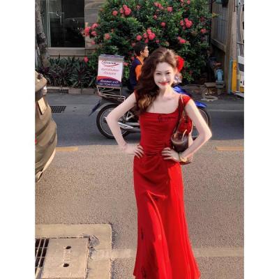 原版做法内里鱼尾茶歇法式红色方领背心吊带连衣裙女度假裙子