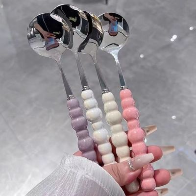 四色珍珠不锈钢勺子陶瓷手柄家用西餐餐勺高颜值圆勺调羹