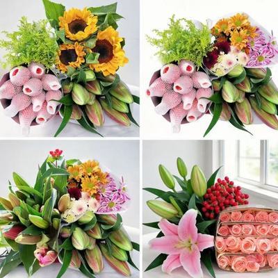 (鲜花4件套9.9)云南基地现摘直发玫瑰百合向日葵康乃馨混搭花束