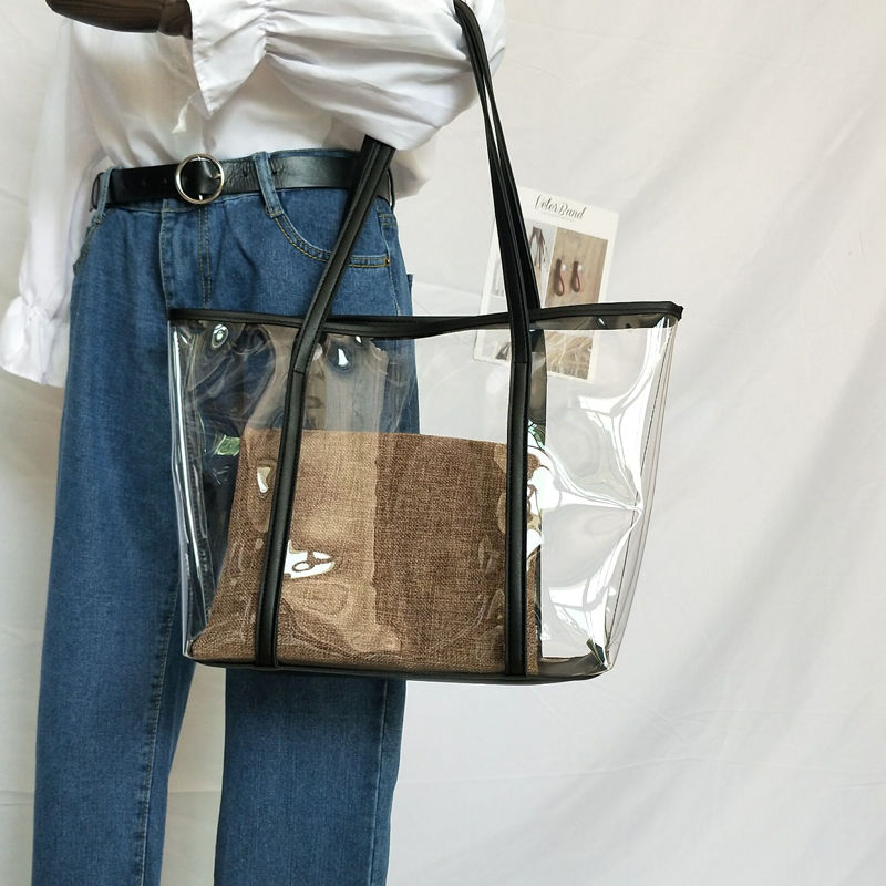 Transparent Bag Women New Trendy Summer Plastic Handbag Single Shoulder Mother Bag Beach Bag Linen Tote Extra Large