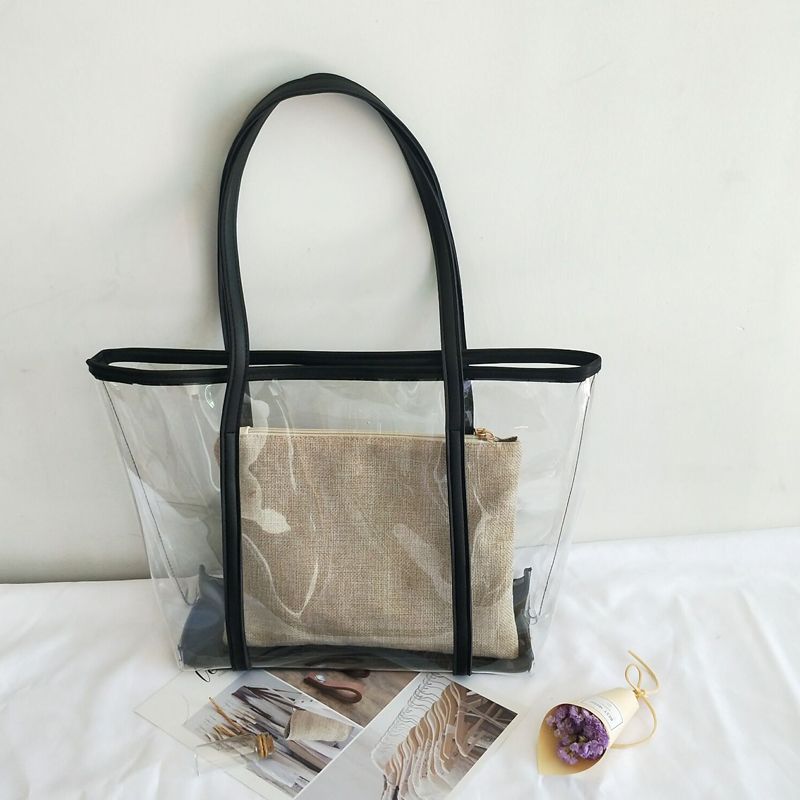 Transparent Bag Women New Trendy Summer Plastic Handbag Single Shoulder Mother Bag Beach Bag Linen Tote Extra Large