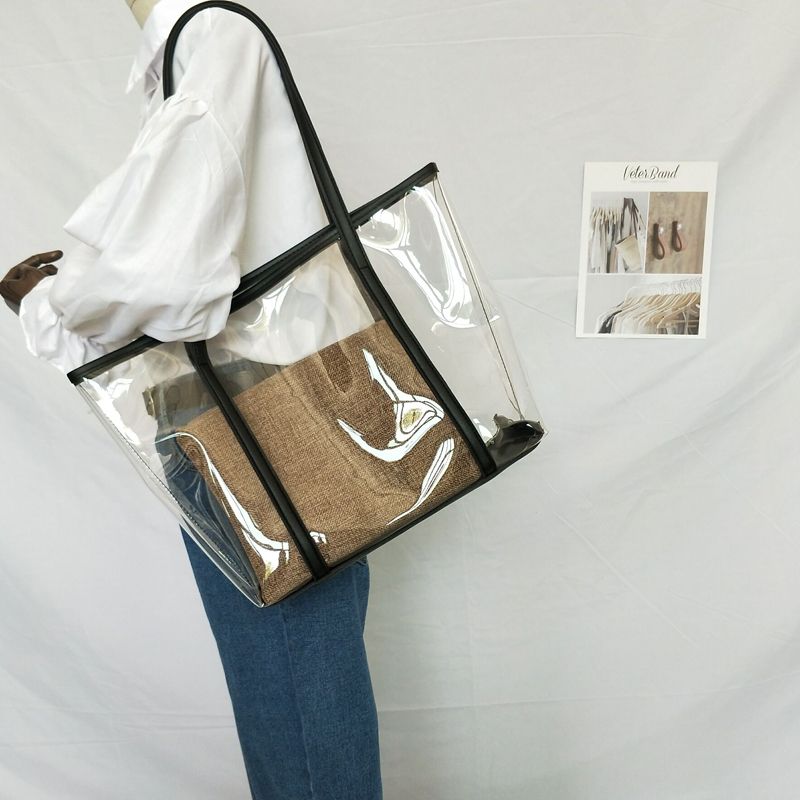 Transparent Bag Women New Trendy Summer Plastic Handbag Single Shoulder Mother Bag Beach Bag Linen Tote Extra Large