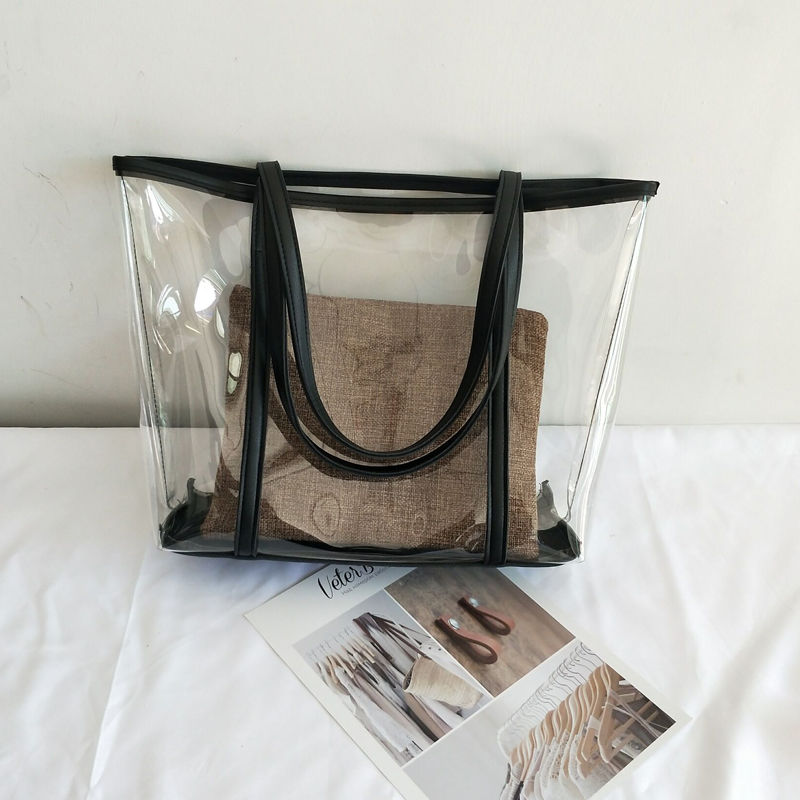 Transparent Bag Women New Trendy Summer Plastic Handbag Single Shoulder Mother Bag Beach Bag Linen Tote Extra Large