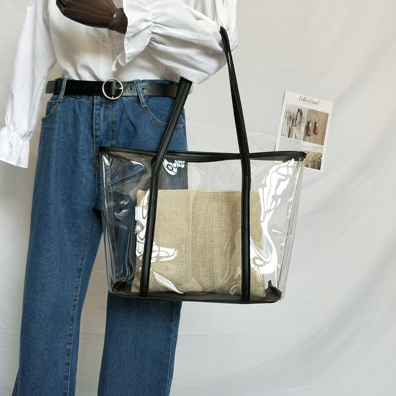 Transparent Bag Women New Trendy Summer Plastic Handbag Single Shoulder Mother Bag Beach Bag Linen Tote Extra Large