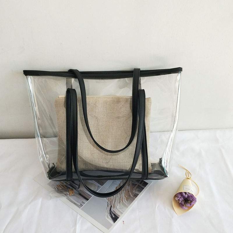 Transparent Bag Women New Trendy Summer Plastic Handbag Single Shoulder Mother Bag Beach Bag Linen Tote Extra Large