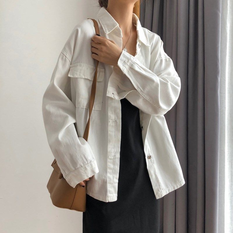 Single-breasted denim jacket spring and autumn women's 2022 new all-match loose and thin solid color lapel jacket top