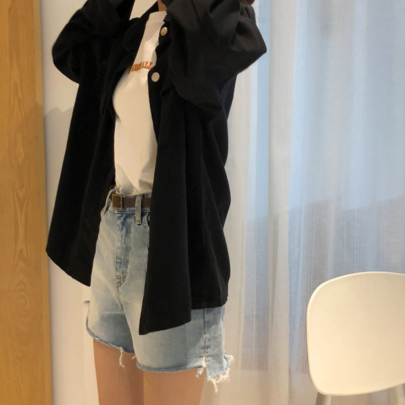 Single-breasted denim jacket spring and autumn women's 2022 new all-match loose and thin solid color lapel jacket top