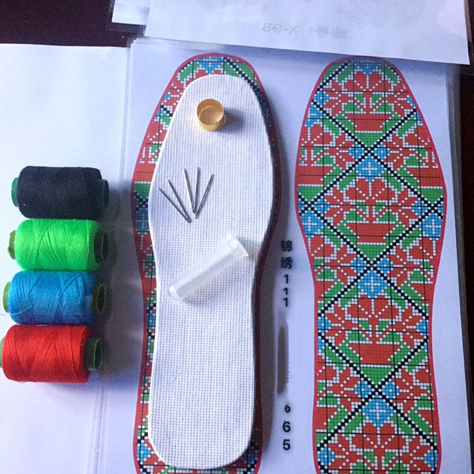 细纱网格鞋垫白板小格子手工配几何花鸟图纸针线顶针套件