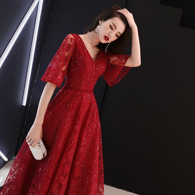 大码红色晚礼服女胖mm宴会200斤加肥加大敬酒服新娘亮片显瘦长款 - 17