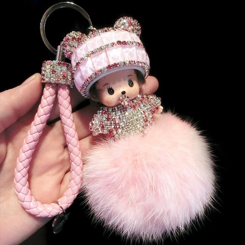 韩版卡通毛球镶钻蒙奇奇编织绳汽车钥匙扣水晶包包钥匙链挂件女生