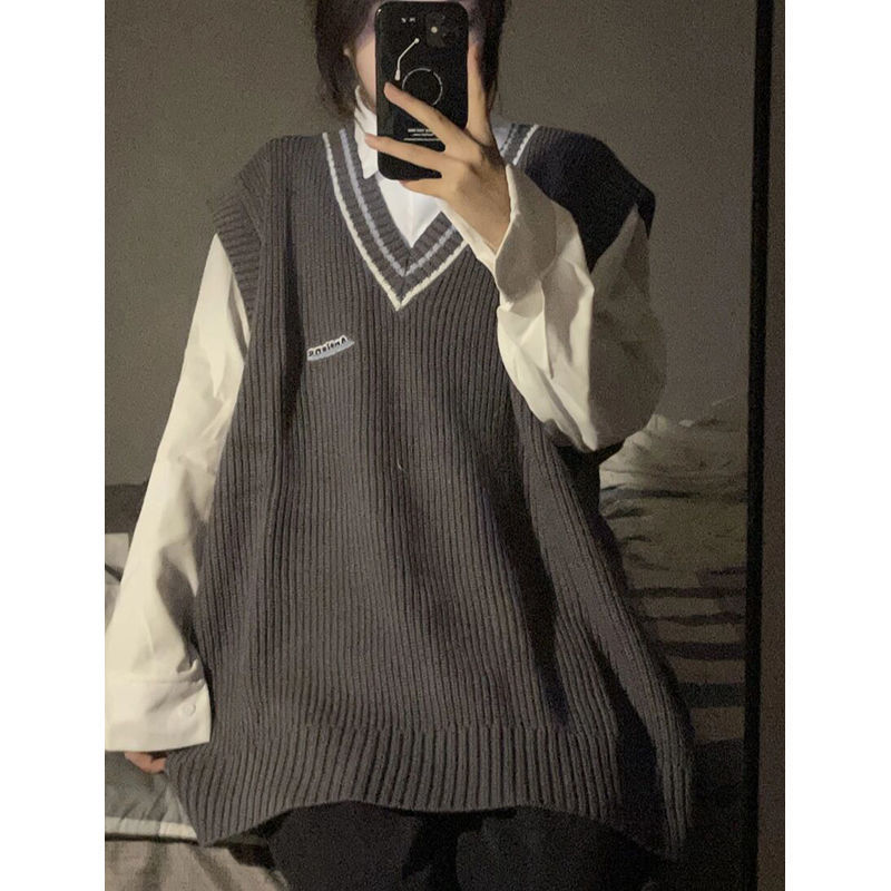 Two-piece suit/single piece 2022 spring and autumn new Korean version long-sleeved shirt retro V-neck knitted sweater vest vest
