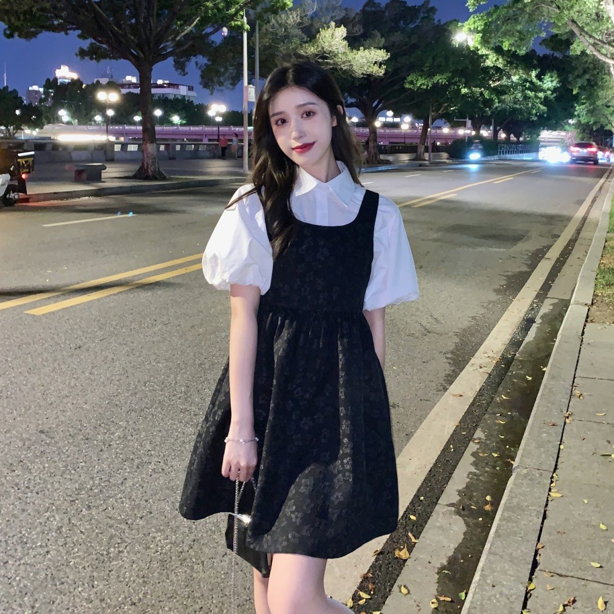 兩件套裝/單件夏季法式甜美暗紋提花吊帶連衣裙+泡泡袖POLO領襯衫