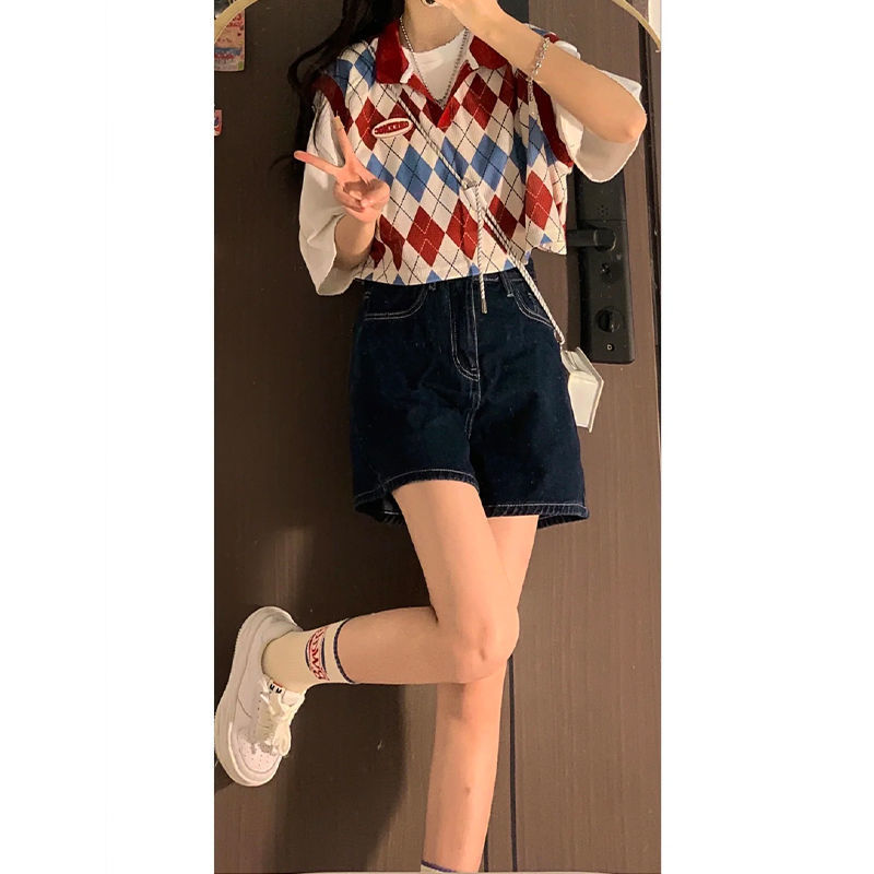Three piece suit / one piece new summer academic solid top sweet cool Lingge Knitted Vest + denim skirt