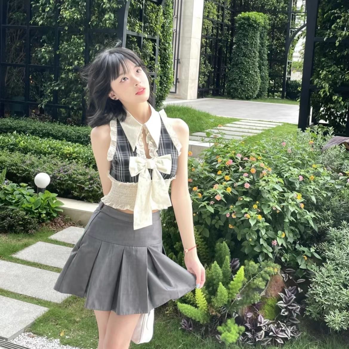 兩件套裝/單件夏季甜辣蝴蝶結花邊背心設計感無袖上衣+高腰半身裙
