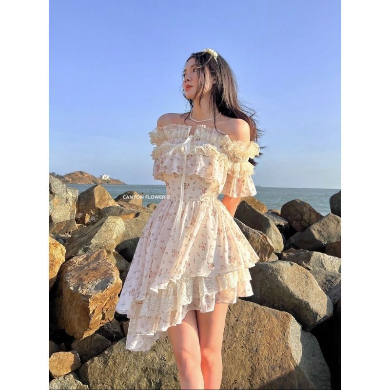 French romantic evening dress one-shoulder dress hot girl floral A-line skirt waist fashion niche design trendy