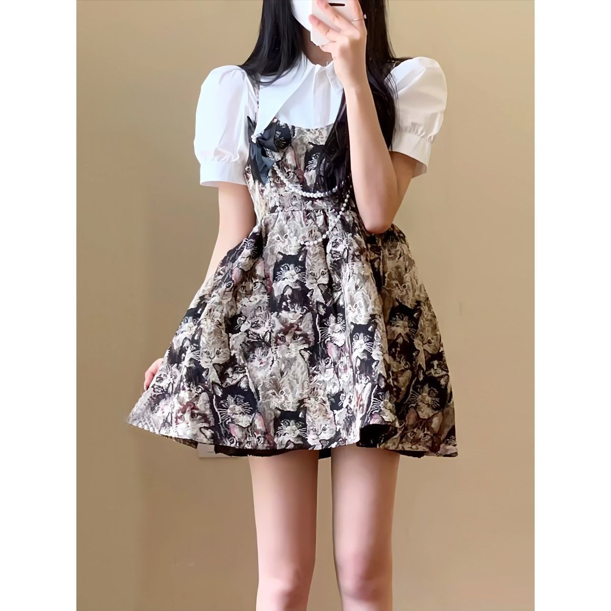Two-piece suit/one-piece summer French retro puff sleeve short-sleeved shirt top + jacquard suspender dress